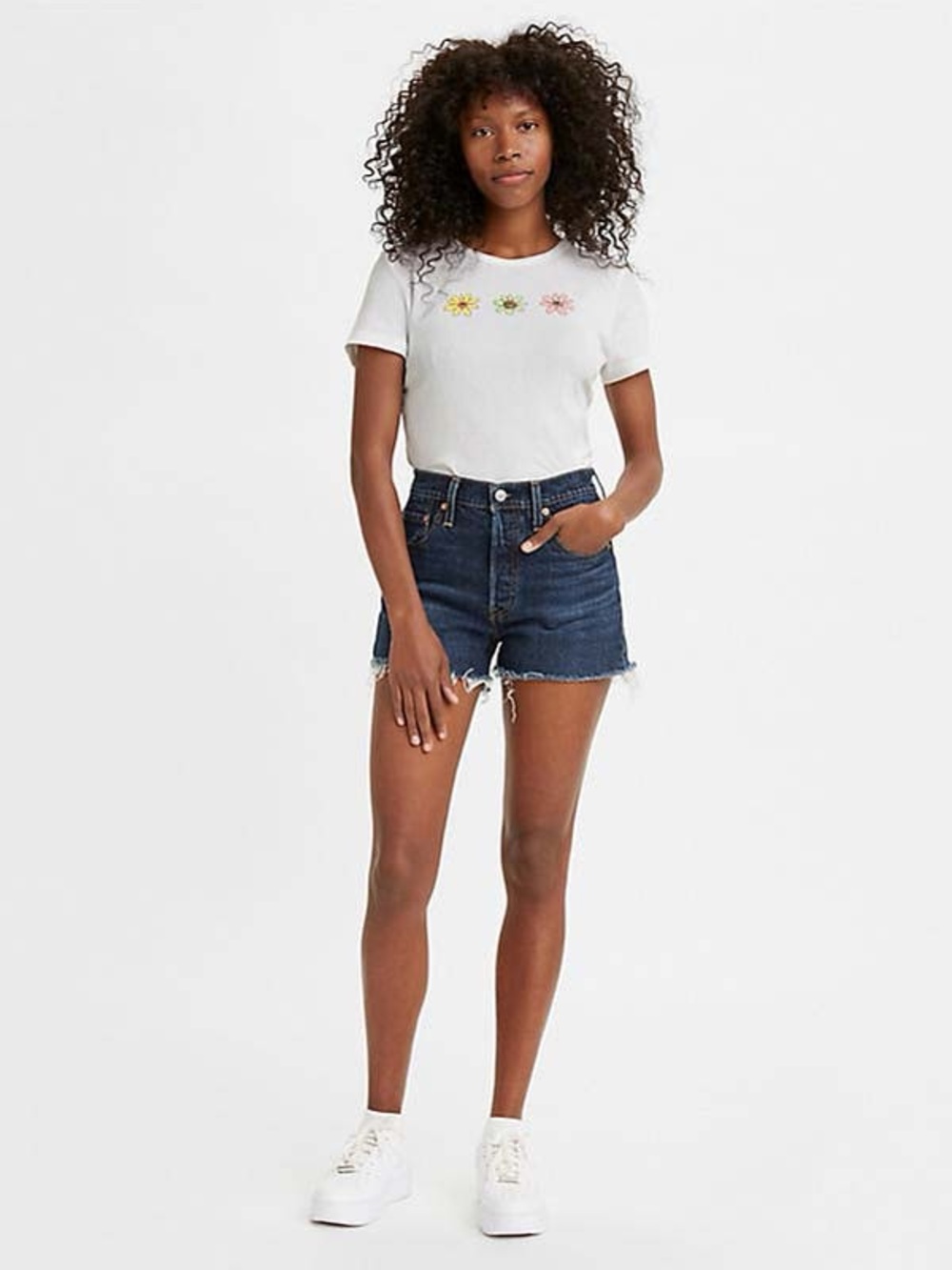 Levi’s 501 Original High Rise Jean Shorts in Dark‎ Blue.